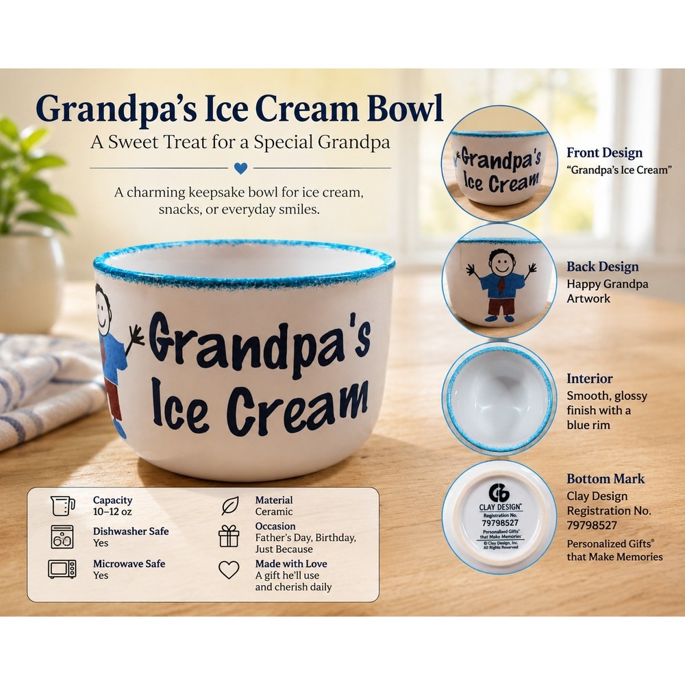 Clay Design Grandpas Ice Cream Ceramic Bowl White Blue Rim 79798527